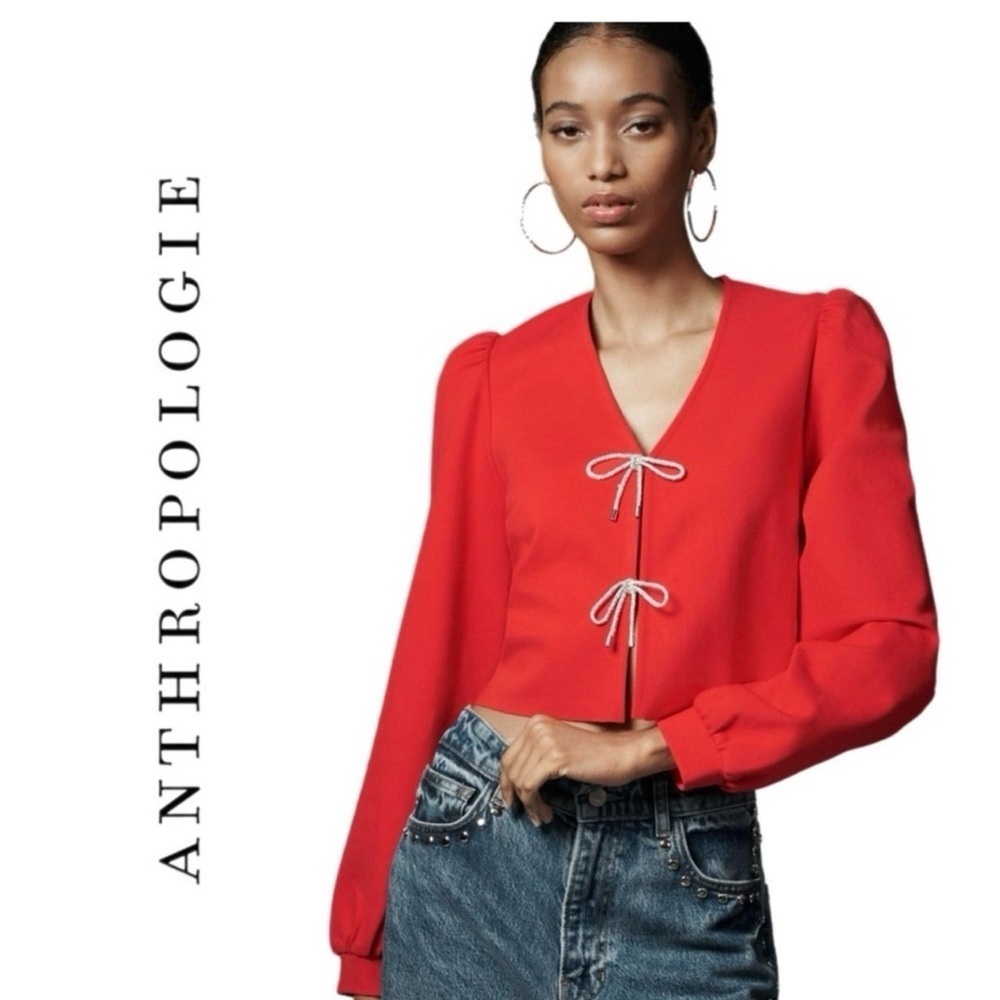 Anthropologie Dolan Red and Sparkly Bow Blouse